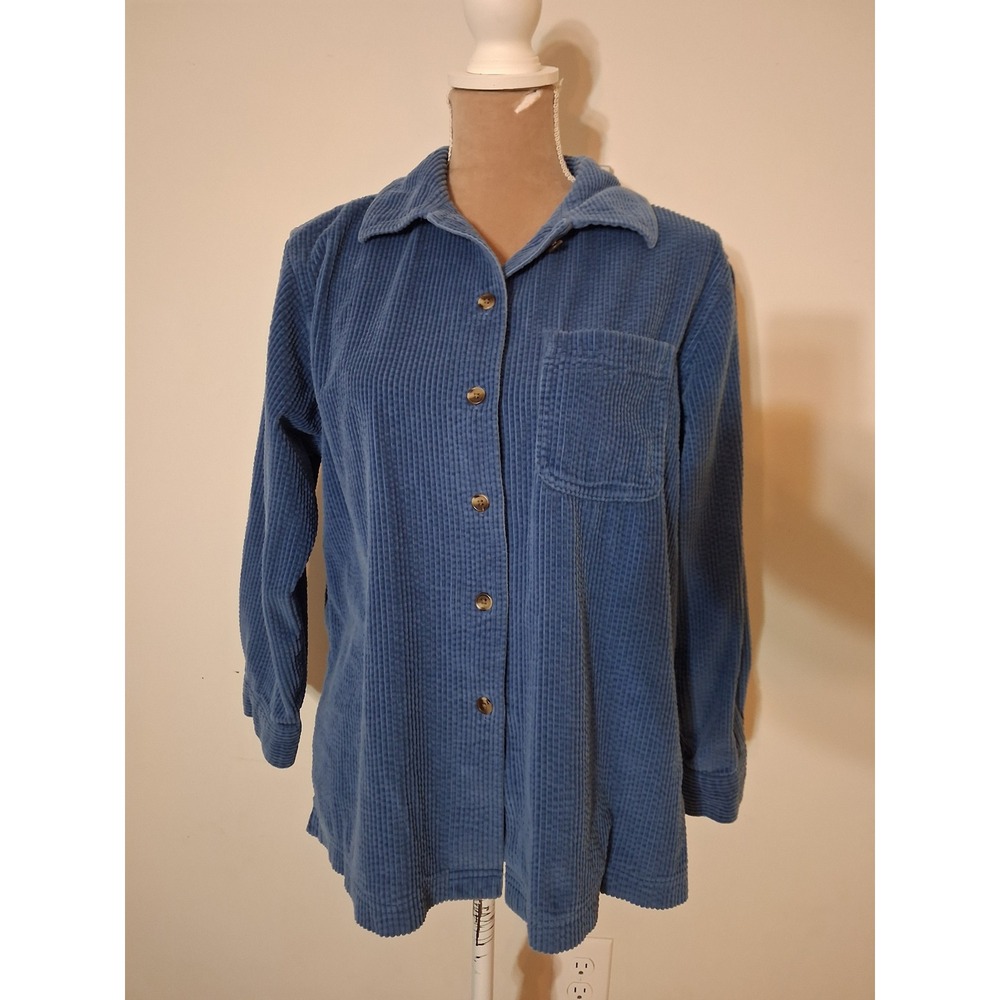 LL Bean Womens Medium Petite Blue Corduroy Button Down Shirt Long Sleeve Pocket